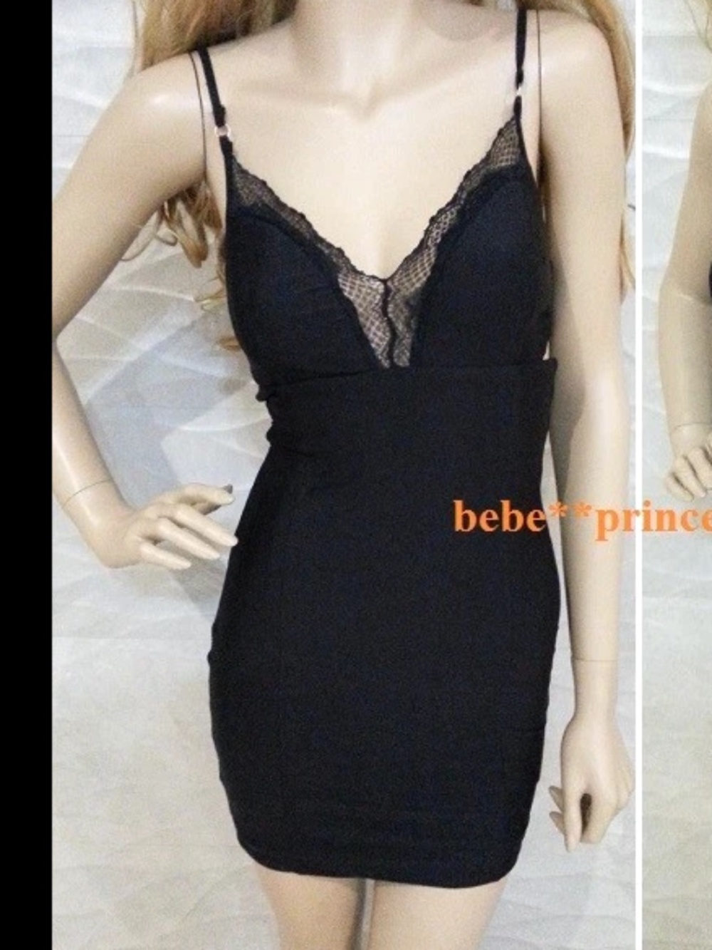 NWT bebe Black Lace Trim deep v neck bodycon Straps top dress M Medium